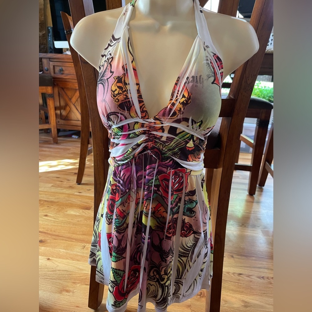 Olala Women's Large Multicolor Print Halter Top Padded Bra Deep V Neck